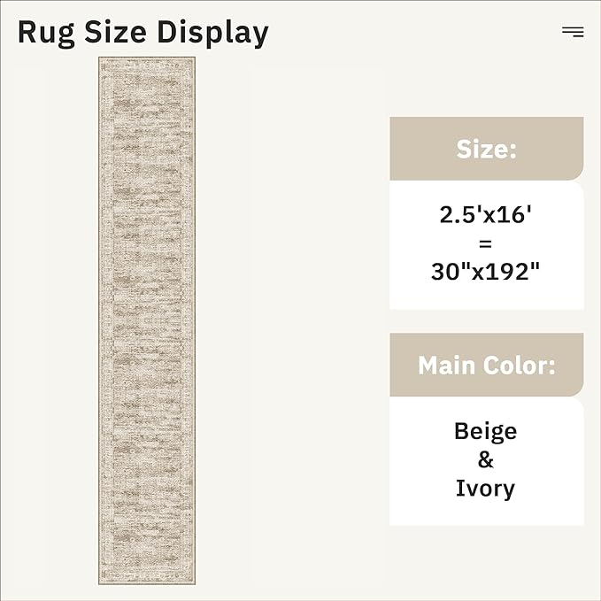 Soalmost Runner Rug 2'6" x 16' Washable Non-Slip 2.5x16 ft Long Runner Rugs for Kitchen Bathroom Laundry Room Vintage Ultra Thin Runners for Hallway Entryway Brown