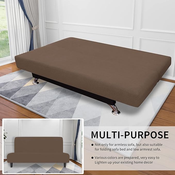Easy-Going Stretch Futon Slipcover Armless Futon Bed Cover Furniture Protector Without Armrests with Elastic Bottom for Kids, Soft Jacquard Fabric Small Checks (Medium, Brown)