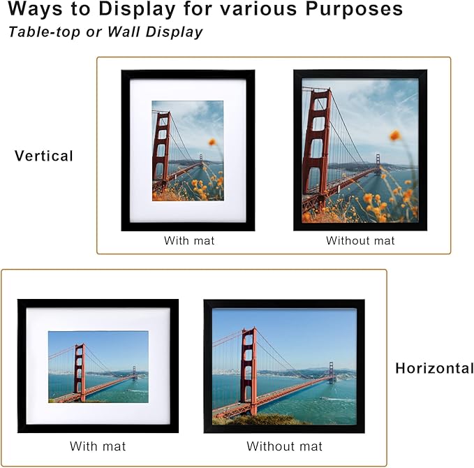 KINLINK 8x10 Picture Frame Black Set of 6, Wooden Photo Frames Matted 5x7 with Plexiglass for 5x7 with Mat or 8x10 without Mat for Table and Wall Display