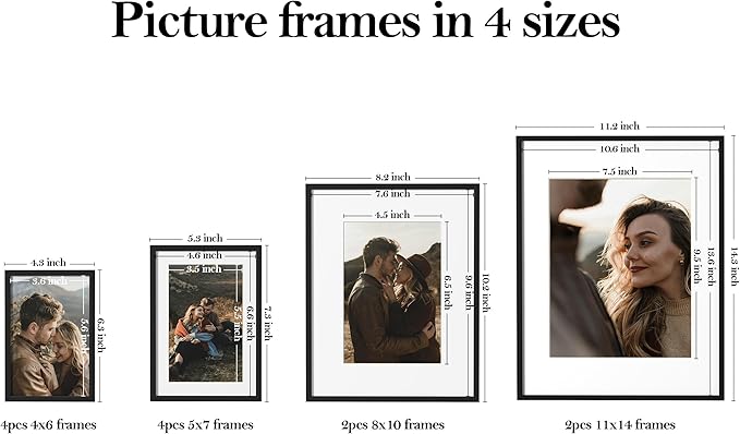eletecpro Aluminum Gallery Wall Frame Set of 12, Including 2Pcs 11x14, 2Pcs 8x10, 4Pcs 5x7, 4Pcs 4x6 Photo Frames for Wall or Tabletop Display, Multiple Sizes Picture Frames Collage Wall Decor, Black