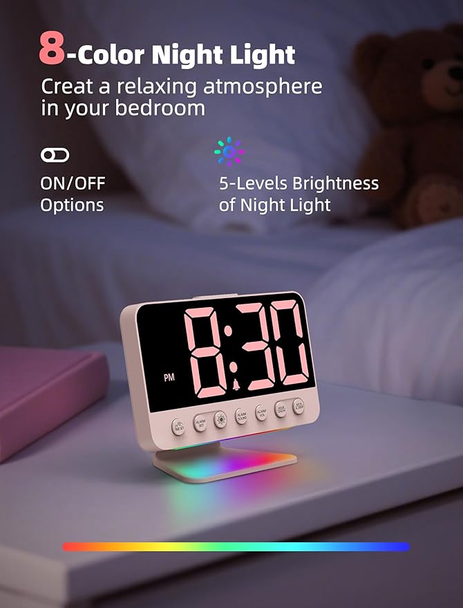 Odokee Digital Alarm Clocks for Bedrooms with Large Bold Number | Pink Alarm Clock with 8 Night Lights & Dimmable Display - Cute Alarm Clock with 5 Sounds for Girls Teens Kids - Sakura Pink - Image 5