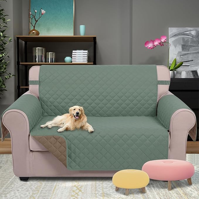 U-NICE HOME Loveseat Sofa Cover Reversible Couch Cover for Dogs with Elastic Straps Water Resistant Furniture Protector for Pets Couch Cover for 2 Cushion Couch (Loveseat, Greyish Green/Taupe)
