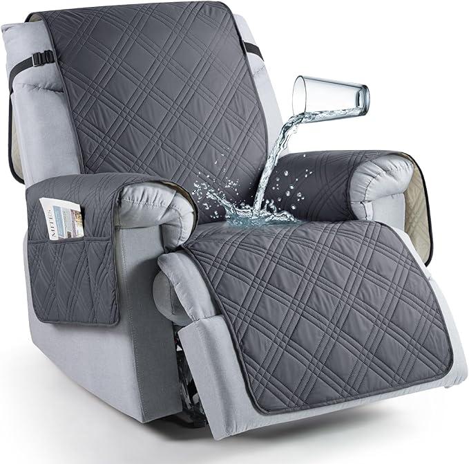 TAOCOCO Waterproof Recliner Chair Covers 30 Inch Wide, Oversized Recliner Covers for Recliner Chair with Pocket, Recliner Slipcovers with Straps Furniture Protector for Kids Pets (30'', Dark Grey)