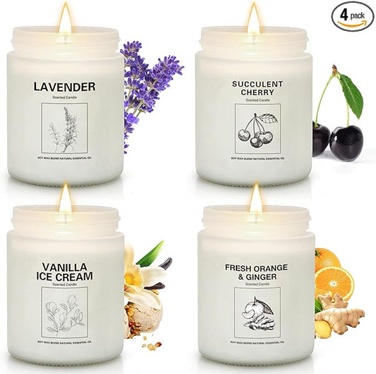 Soy Wax Scented Candle Gift Set, 4 Pack Lavender, Orange & Ginger, Vanilla Scents, Long Lasting Aromatherapy Candles for Home, Relaxing Holiday & Thanksgiving Gifts for Women, Mom & Friends