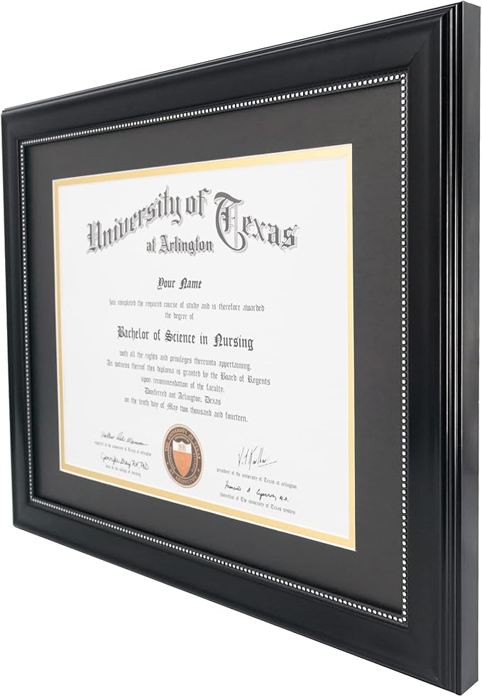 GraduationMall 8.5x11 Diploma Frame with Black over Gold Mat or Display 11x14 Document without Mat, UV Protection Acrylic, Black with Silver Beads, Set of 2