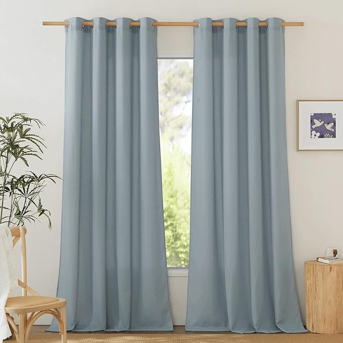 NICETOWN Linen Flax Semi Sheer Curtains 92" Length, Grommet Window Treatments Privacy Added with Light Penetration Vertical Drapes for Loft/Home Office, Stone Blue, W55 x L92, 2 Panels