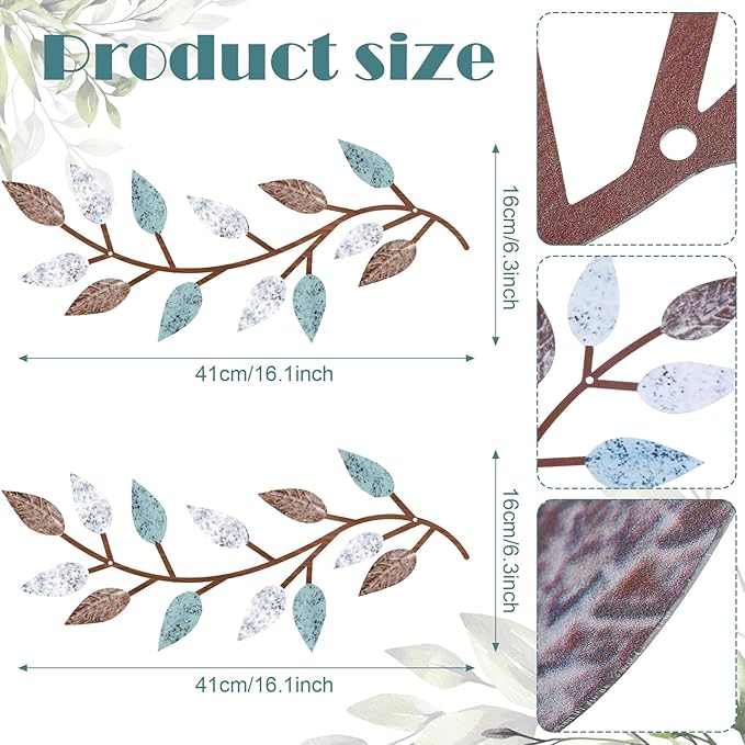 Zhengmy 2 Pieces Metal Tree Leaf Wall Decor Vine Olive Branch Leaf Wall Art Living Room, Hallway Wall Decor Outdoor Decoration(Blue Brown Colors)