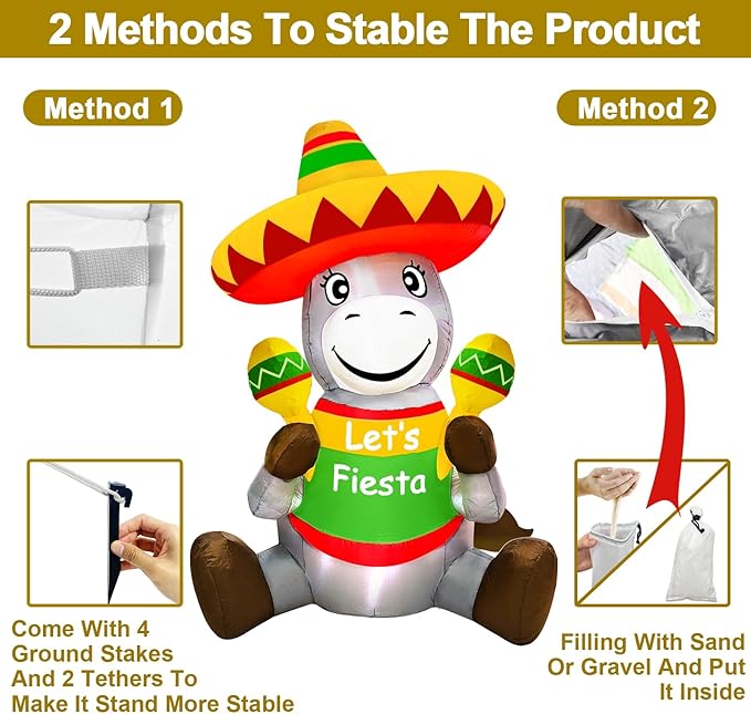 TURNMEON 6 Ft Tall Cinco De Mayo Inflatable Decorations Outdoor Sitting Donkey with Taco Sombreros Fiesta Maracas LED Lights Blow Up Holiday Party Indoor Yard Garden Lawn May 5 Mexican Summer Decor