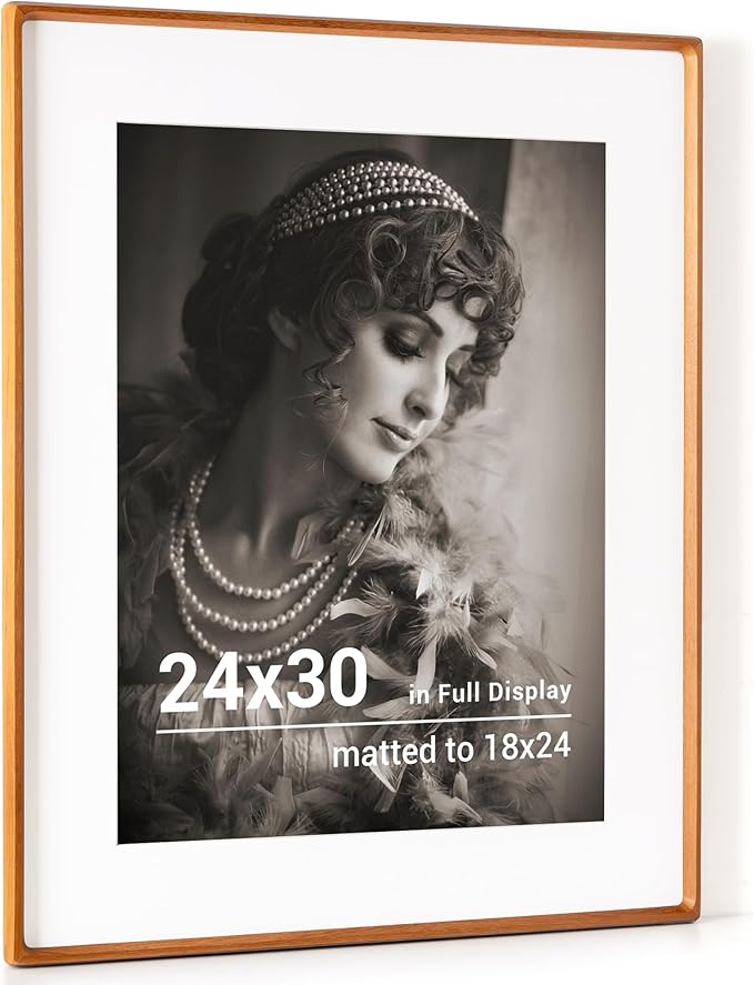 24x30 Poster Frame, USA-Sourced Teak Wood Picture Frame with HD Tempered Glass, Handcrafted Rounded Corner 24 x 30 Wooden Frames Matted to 18x24 Photos, Horizontal or Vertical Wall Display