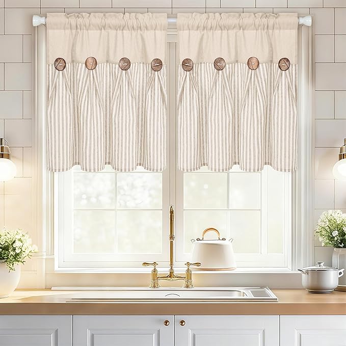 ASPMIZ Linen Kitchen Curtains 24 Inch Length, Farmhouse Boho Button Kitchen Window Curtain Over Sink, Khaki Striped Short Curtains for Small Windows, Bathroom, Rod Pocket Window Treatment Tiers
