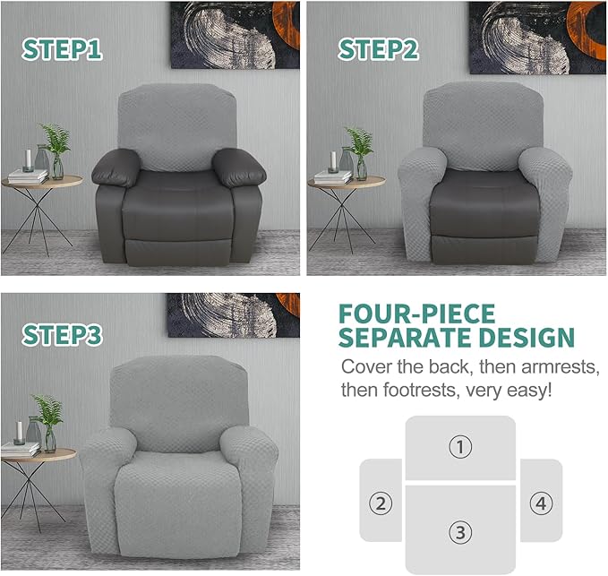 YEMYHOM 4 Pieces Stretch Recliner Slipcover Latest Jacquard Recliner Chair Cover with Side Pocket Anti-Slip Fitted Recliner Cover Couch Furniture Protector with Elastic Bottom (Recliner, Light Gray)