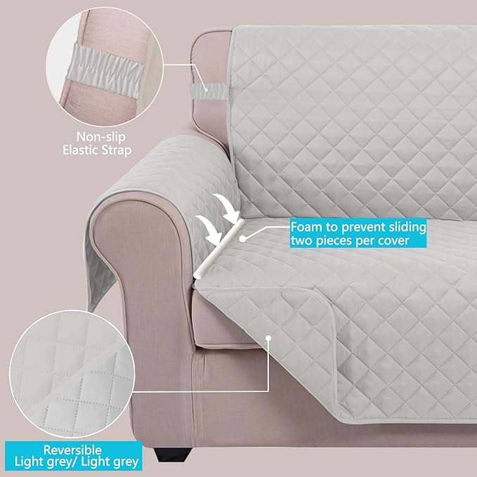 U-NICE HOME Recliner Chair Covers Reversible Quilted Water Repellent Pet Protectors with Elastic Straps (23''Recliner Small, Light Grey/Light Grey)