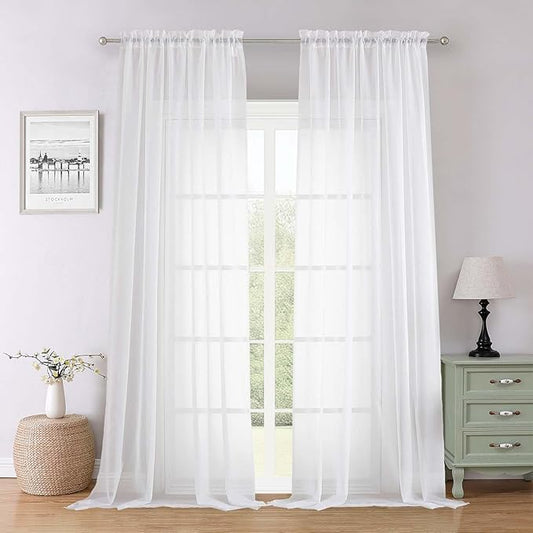 Lecloud Sheer White Curtains 96 Inches Long 2 Panels Set, Solid Airy Voile Dual Rod Pocket Sheer Curtains, Elegant Light Filtering Window Curtain Drapes for Living Room Garden, 59" W x 96" L