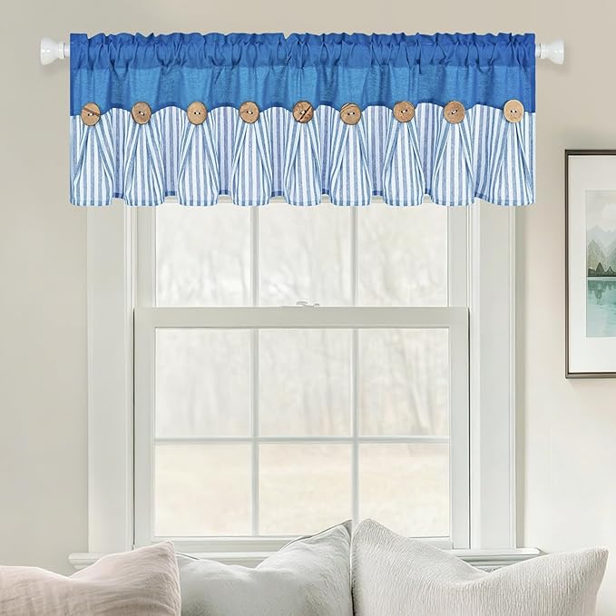 ASPMIZ Farmhouse Cotton Linen Valances for Windows, Boho Kitchen Curtains Valances with Rustic Button, Lake Blue Striped Window Treatments Curtain Valance for Bathroom Cafe, 60 x 14 Inch, 1 Pannel