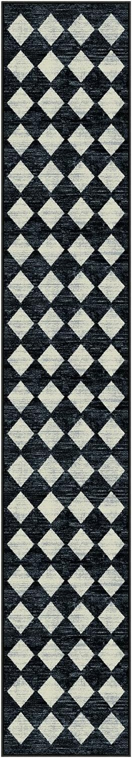 Lahome Zelie Checkered Washable 2x12 Runners for Hallways Non Slip, Black Kitchen Bathroom Runner Rugs, Modern Trellis Ultra-Thin Indoor Carpet Runner for Bedroom Dorm Classroom Decor (2'x12',Black)