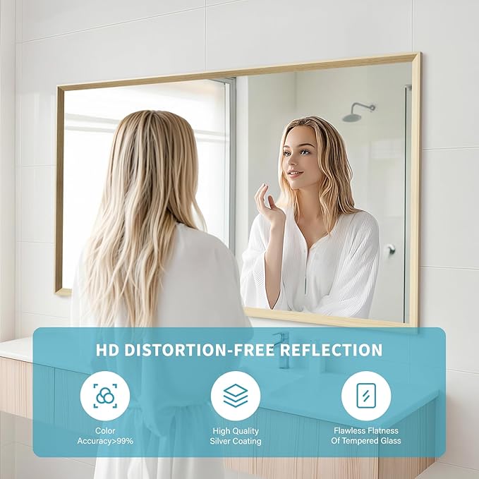 Oak Wood Effect Framed Wall Mirror, 30x48 Rectangle Mirror, Anti-desilvering Tempered Glass, Sustainable& Sturdy Frame, Farmhouse Mirror, Anti-Rust, 3min Fast Setup for Bathroom Living Room