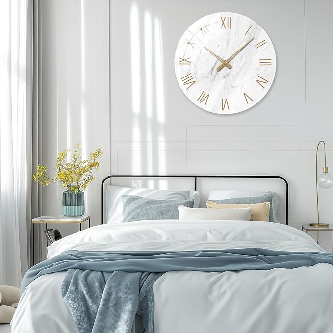 24 Inch White Minimalist Glass Wall Clocks Battery Operated Extra Large Wall Clock for Living Room Bedroom Round Analog Silent Wall Clock