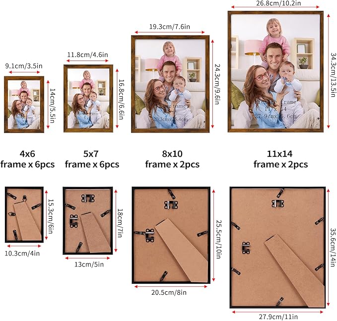 Giftgarden 16 Pack Brown Picture Frames for Multi Sizes Photos, Assorted Set Including Two 11x14, Two 8x10, Six 5x7, Six 4x6, Gallery Collage Frame for Wall or Tabletop Display