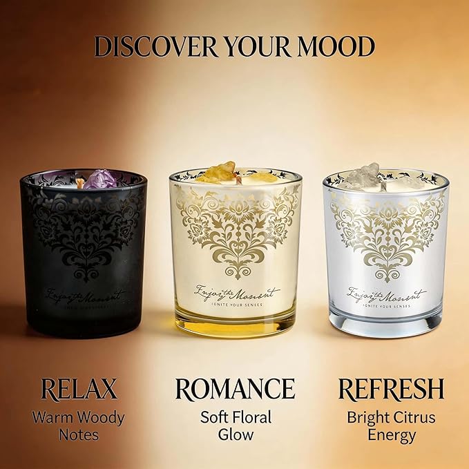Luxury Soy Candle Gift Set for Women – 3 Pack 7oz Crystal Glass Aromatherapy Candles, 120H Total Burn Time, Soy & Beeswax Blend with Wick Trimmer & Snuffer Lid, Spa & Relaxation Scents