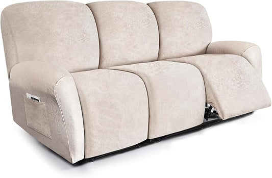 ANARACHON Recliner Couch Cover Leather Look Recliner Sofa Covers for 3 Cushion Reclining Sofa Slipcovers 8-Pieces Furniture Protector Spandex Fabric Washable (3 Seater, 02 Beige)