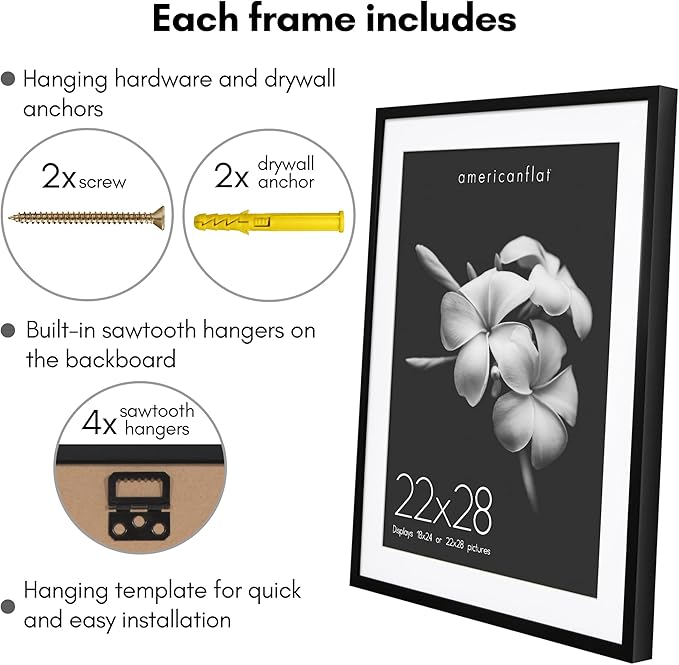 Americanflat 22x28 Poster Frame with Polished Plexiglass - Use as 18x24 Frame with Mat or Display 22x28 Photo Without Mat - Soho Collection - Deep Molding Picture Frames for Wall Display - Black