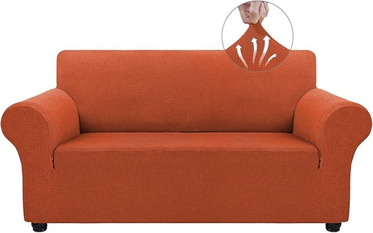 Asnomy Sofa Covers for 2 Cushion Couch Stretch Loveseat Slipcovers, Pet Protector Furniture Covers for Dogs Cats Spandex Jacquard Fabric Small Checks (Medium, Pumpkin)