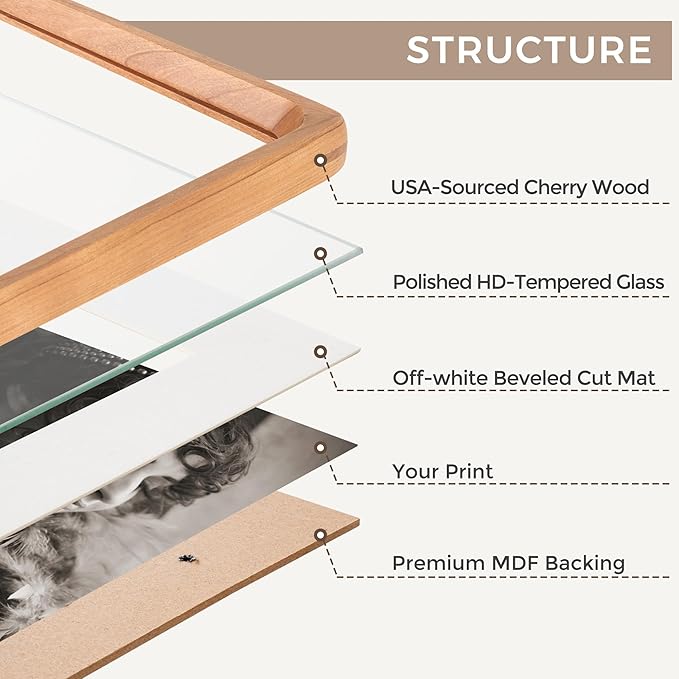 8.5 by 11 Picture Frame, USA-Sourced Cherry Wood Photo Frames with HD Tempered Glass, Handcrafted Rounded Corner 8.5 x 11 Wooden Frames Matted to 6x8 Photos, 8.5x11 Frame, Tabletop or Wall Display