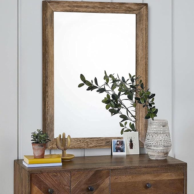 AAZZKANG Rustic Wood Mirror Rectangle Decorative Wall Mirrors with Frame Large 28"x20"for Bedroom Living Room Bathroom Entryway Hanging Brown