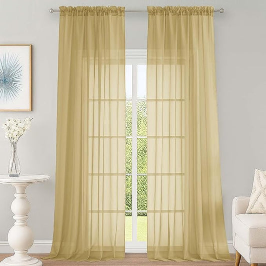 OWENIE Sheer Gold Curtains 108 Inches Long for Living Room Bedroom 2 Panels Set, Lightweight Airy Gold Sheer Curtain, Filmy Voile Rod Pocket, 2 PCS, Each 59" W x 108" L