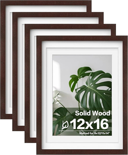 Egofine 12x16 Picture Frames with Plexiglass, Display Pictures 9x12/11x14 with Mat or 12x16 Without Mat Set of 4 for Wall Mounting,Walnut Color