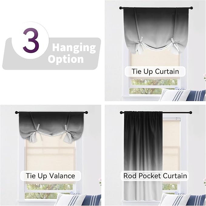 COSVIYA 100% Blackout Ombre Black Adjustable Tie Up Curtains for Kitchen Thermal Insulated Room Darkening Valance Rod Pocket Balloon Roman Shade for Small Window,48" L x 42" W, 1 Panel