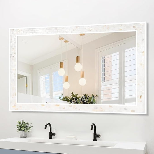 Tanmicoshomy 30 x 48 Inch White Bathroom Mirror, Natural Shell Framed Rectangular Mirrors for Bedroom, Living Room or Entryway, Wall Mounted Horizontal or Vertical Hanging