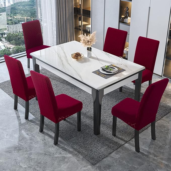 Genina Waterproof Chair Covers for Dining Room, Stretch Jacquard Dining Chair Slipcovers Removable Washable Chair Protector for Kitchen, Hotel, Restaurant (Argyle-Wine Red, 2 PCS)