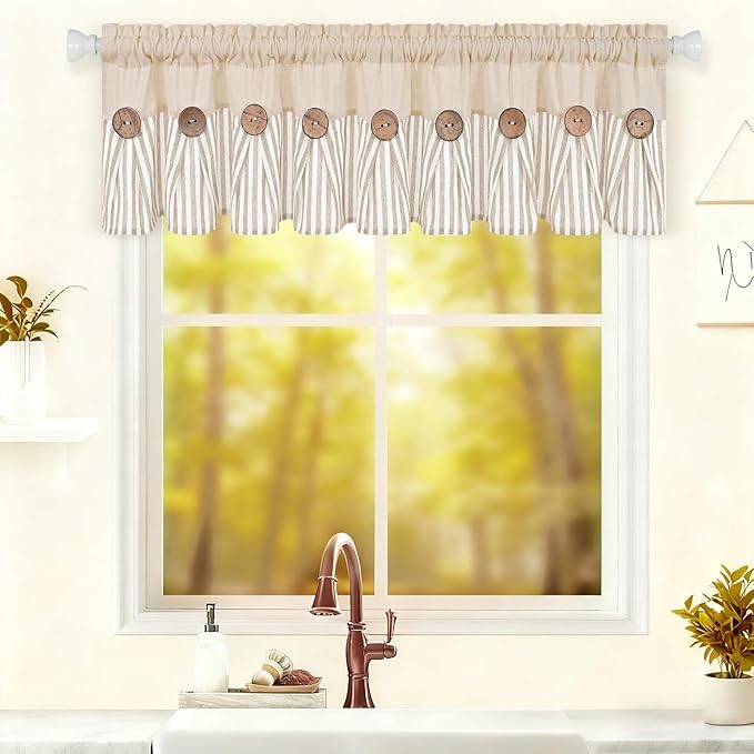 ASPMIZ Farmhouse Cotton Linen Valances for Windows, Boho Kitchen Curtains Valances with Rustic Button, Khaki Striped Window Treatments Curtain Valance for Bathroom Cafe, 60 x 14 Inch, 1 Pannel