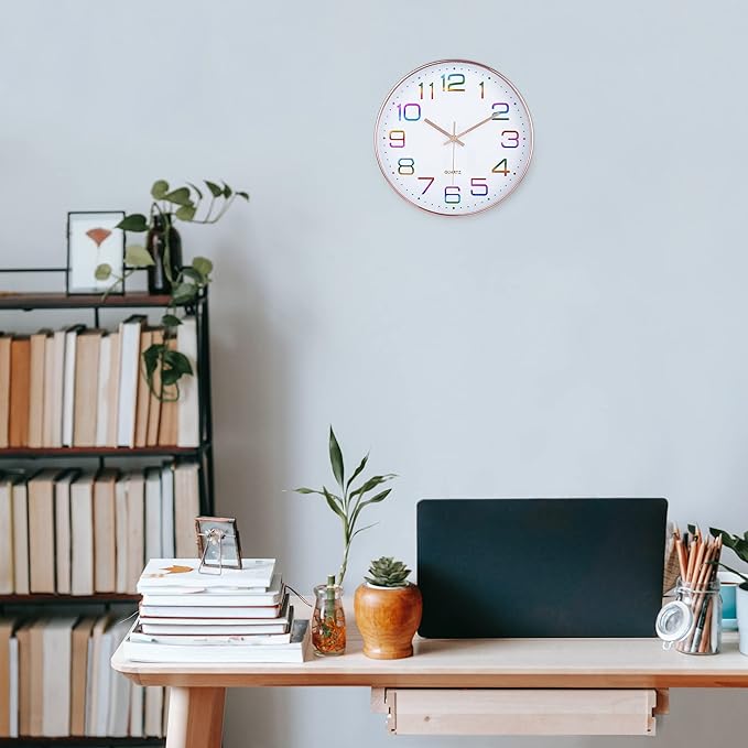 Lafocuse 12 Inch Colorful Wall Clock Battery Operated for Kitchen Living Room, Silent Rose Gold Analog Clock for Girls Bedroom Home Décor