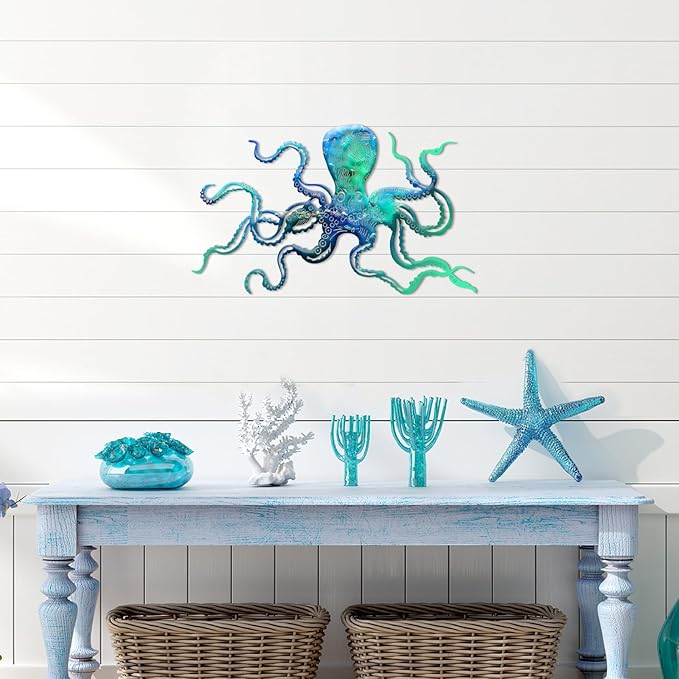 Zhengmy Octopus Metal Wall Art Octopus Wall Decor 18 x 11 Inch Extra Large Tropical Nautical Hanging Sculpture Beach Ocean Theme Home Bedroom Decoration Summer Gifts(Ocean Blue)