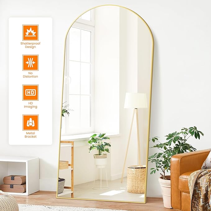TRAHOME Full Length Arched Mirror, 75"x35" Standing Floor Full Body Mirror for Wall with Aluminum Alloy Frame for Bedroom, Living Room, Dressing Room(Gold)