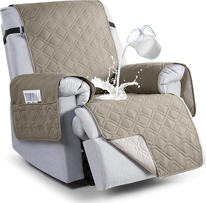 VANSOFY 100% Waterproof Recliner Chair Covers, Recliner Cover Non-Slip Dog Chair Cover Furniture Protector Washable Slipcover with Pocket, Elastic Straps for Pets, Dogs(Khaki, 20")