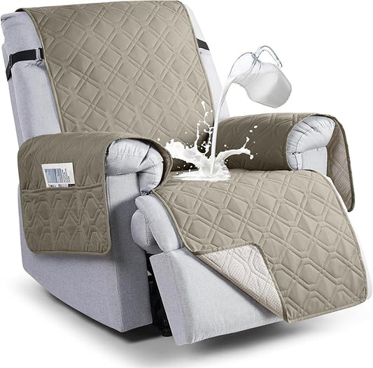 VANSOFY 100% Waterproof Recliner Chair Covers, Recliner Cover Non-Slip Dog Chair Cover Furniture Protector Washable Slipcover with Pocket, Elastic Straps for Pets, Dogs(Khaki, 25")