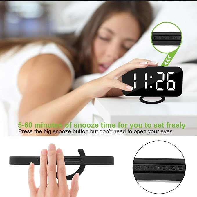 SZELAM Digital Clock Large Display, LED Alarm Electric Clocks Mirror Surface for Makeup with Diming Mode, 3 Levels Brightness, Dual USB Ports Modern Decoration for Home Bedroom Decor-Black - Image 6