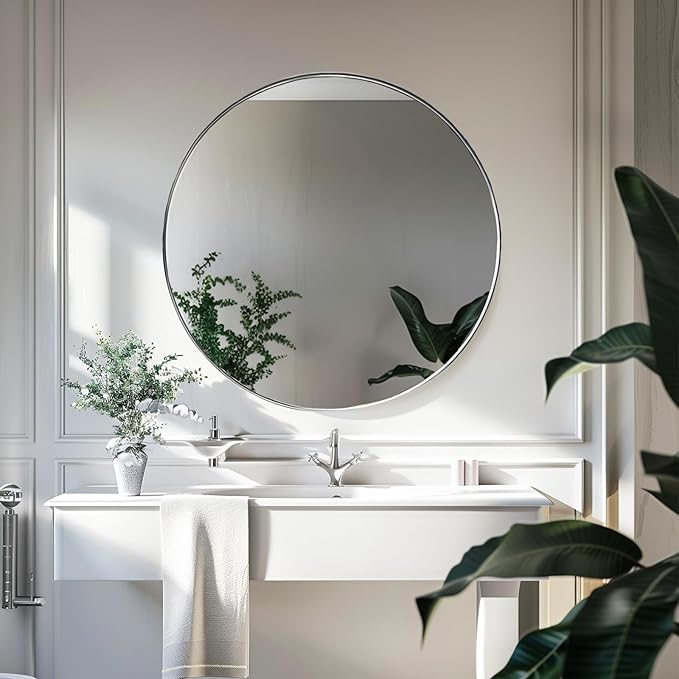 Sunniry Silver Round Mirror 24 inch, Circle Mirror with Metal Frame, Silver Circle Mirrors for Living Room, Bathroom, Wall, Hallway.