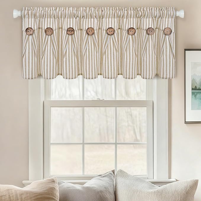ASPMIZ Farmhouse Valances for Windows, Cotton Linen Kitchen Curtains Valances with Rustic Buttons, Khaki Striped Window Valance for Living Room, Boho Valance Curtains for Bathroom, 52 x 18 Inches