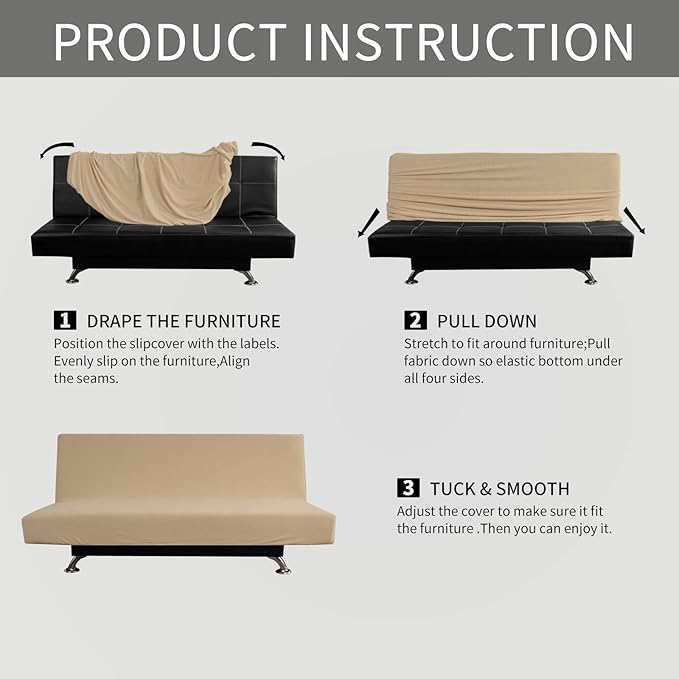 Easy-Going Stretch Futon Slipcover Armless Futon Bed Cover Furniture Protector Without Armrests with Elastic Bottom for Kids, Soft Jacquard Fabric Small Checks (Medium, Sand)