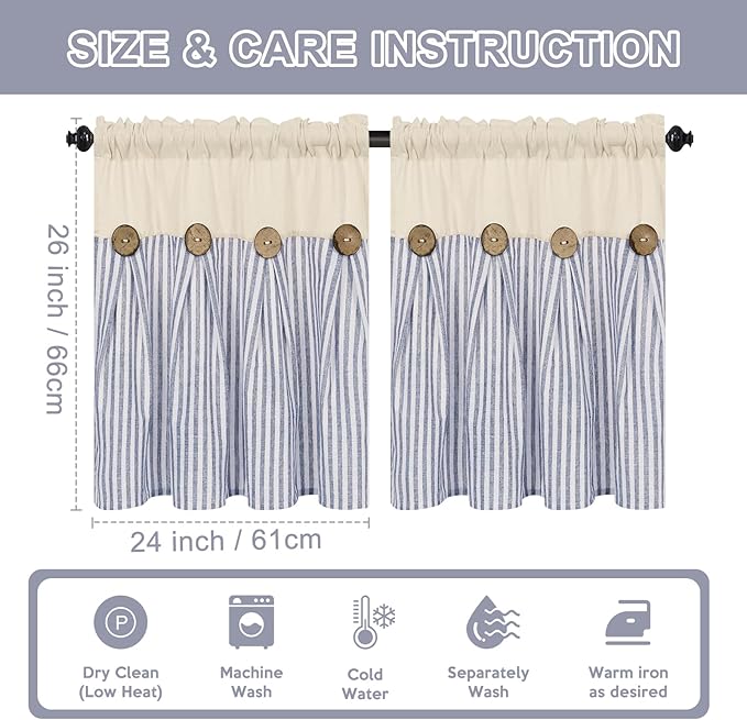 ASPMIZ Cotton Linen Kitchen Curtains 24 Inch Length Sets, Boho Rustic Button Tier Curtain Farmhouse Blue Stripe Half Window Curtains, Country Short Rod Pocket Curtain for Small Window, 2 Panels