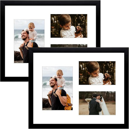 Golden State Art, Set of 2, 11x14 Black Wood Picture Frame - White Mat for 5x7 And 4x6 Photos - Tempered Glass, Sawtooth Hanger, Swivel Tabs - Wall Mounting - Great for Gift