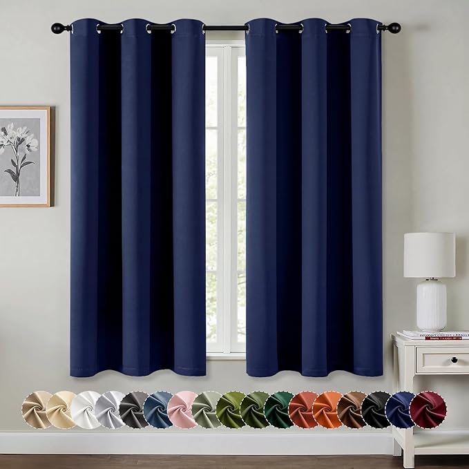 MIULEE Navy Blue Blackout Curtains for Bedroom Living Room 63 Inches Long 2 Panels, Thermal Insulated Room Darkening Drapes Grommet Noise Reducing Light Blocking Window Treatments 34x63 Inch