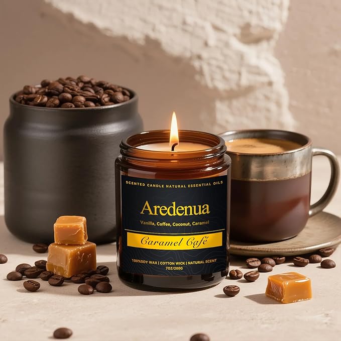 Caramel Coffee Candle – Soy Candle with Sweet Caramel & Rich Coffee Aroma, Long Lasting Scented Candle for Home, Kitchen, Lounge, Gift for Women & Men - 7oz Cafe Candles