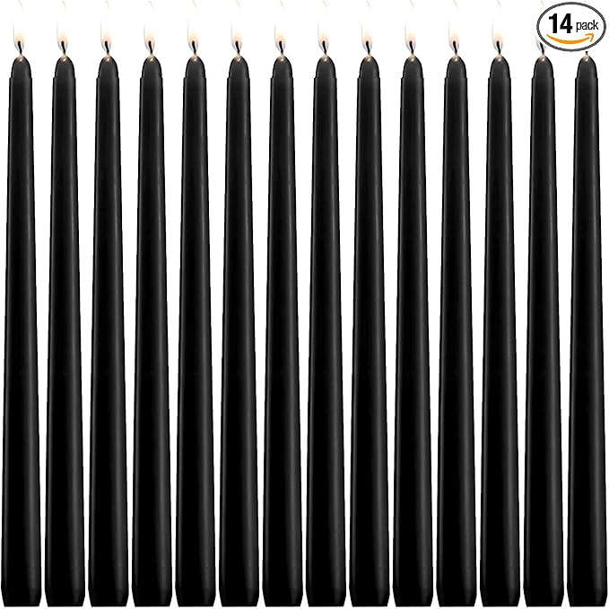 Set of 14 Black Taper Candles, 7-8 Hours Burn Time, Unscented, Smokeless and Dripless, 4/5 x 10 Inch Dinner Candle Set for Halloween,Household, Wedding, Party and Home Décor Candlesticks