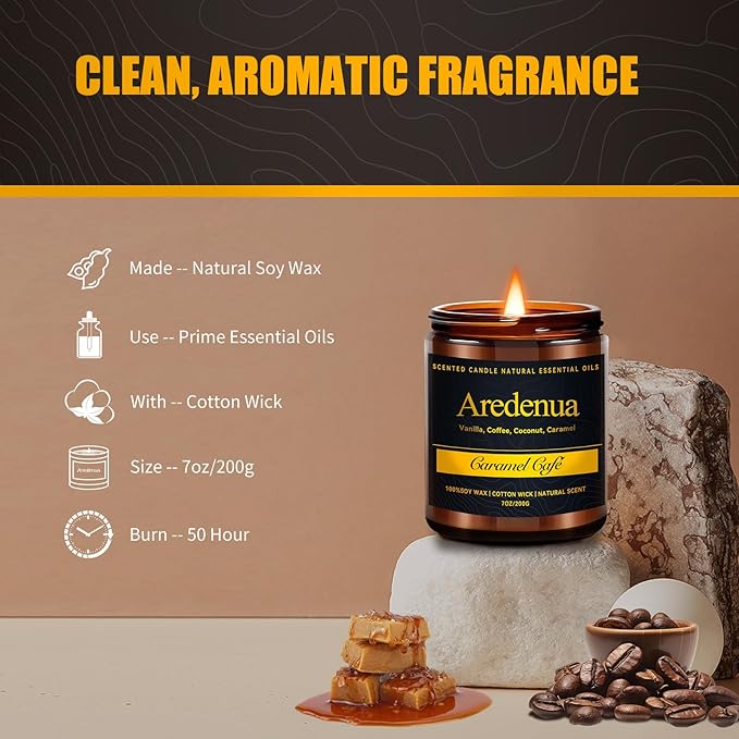 Caramel Coffee Candle – Soy Candle with Sweet Caramel & Rich Coffee Aroma, Long Lasting Scented Candle for Home, Kitchen, Lounge, Gift for Women & Men - 7oz Cafe Candles
