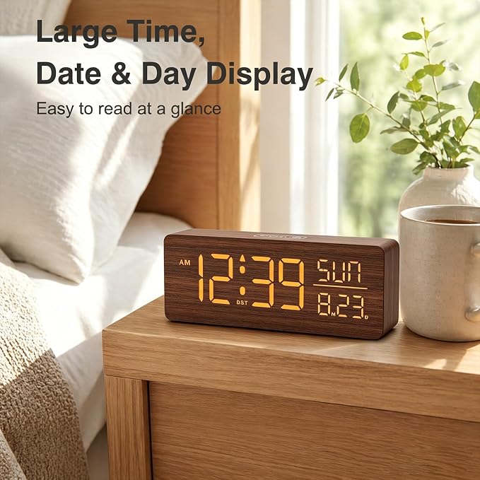 Peakeep Wooden Digital Alarm Clock Large Display, Textured Decoration - Image 8